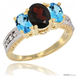 10K Yellow Gold Ladies Oval Natural Garnet 3-Stone Ring with Swiss Blue Topaz Sides Diamond Accent