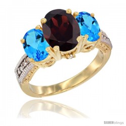 10K Yellow Gold Ladies 3-Stone Oval Natural Garnet Ring with Swiss Blue Topaz Sides Diamond Accent