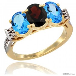 10K Yellow Gold Natural Garnet & Swiss Blue Topaz Sides Ring 3-Stone Oval 7x5 mm Diamond Accent