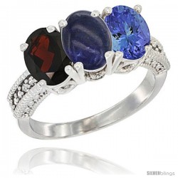 14K White Gold Natural Garnet, Lapis & Tanzanite Ring 3-Stone 7x5 mm Oval Diamond Accent