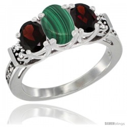 14K White Gold Natural Malachite & Garnet Ring 3-Stone Oval with Diamond Accent