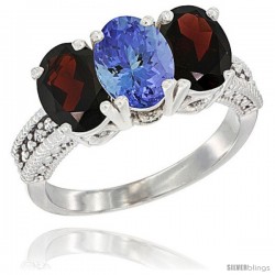 14K White Gold Natural Tanzanite & Garnet Sides Ring 3-Stone 7x5 mm Oval Diamond Accent