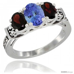 14K White Gold Natural Tanzanite & Garnet Ring 3-Stone Oval with Diamond Accent