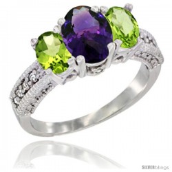 14k White Gold Ladies Oval Natural Amethyst 3-Stone Ring with Peridot Sides Diamond Accent