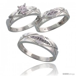 10k White Gold Trio Engagement Wedding Rings Set for Him & Her 3-piece 6 mm & 5 mm wide 0.12 cttw Brilliant Cut