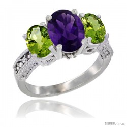 14K White Gold Ladies 3-Stone Oval Natural Amethyst Ring with Peridot Sides Diamond Accent