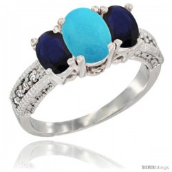 10K White Gold Ladies Oval Natural Turquoise 3-Stone Ring with Blue Sapphire Sides Diamond Accent