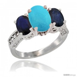 10K White Gold Ladies Natural Turquoise Oval 3 Stone Ring with Blue Sapphire Sides Diamond Accent