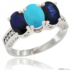 10K White Gold Natural Turquoise & Blue Sapphire Ring 3-Stone Oval 7x5 mm Diamond Accent