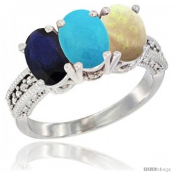 10K White Gold Natural Blue Sapphire, Turquoise & Opal Ring 3-Stone Oval 7x5 mm Diamond Accent