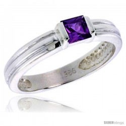 Sterling Silver Cubic Zirconia Solitaire Ring Amethyst color Princess-cut Flawless Finish