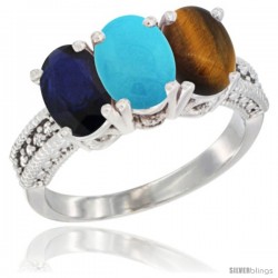 10K White Gold Natural Blue Sapphire, Turquoise & Tiger Eye Ring 3-Stone Oval 7x5 mm Diamond Accent