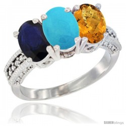 10K White Gold Natural Blue Sapphire, Turquoise & Whisky Quartz Ring 3-Stone Oval 7x5 mm Diamond Accent