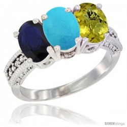 10K White Gold Natural Blue Sapphire, Turquoise & Lemon Quartz Ring 3-Stone Oval 7x5 mm Diamond Accent