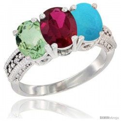 14K White Gold Natural Green Amethyst, Ruby & Turquoise Ring 3-Stone 7x5 mm Oval Diamond Accent