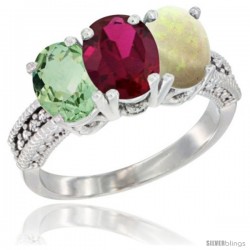 14K White Gold Natural Green Amethyst, Ruby & Opal Ring 3-Stone 7x5 mm Oval Diamond Accent