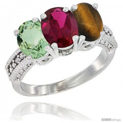 14K White Gold Natural Green Amethyst, Ruby & Tiger Eye Ring 3-Stone 7x5 mm Oval Diamond Accent