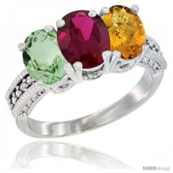 14K White Gold Natural Green Amethyst, Ruby & Whisky Quartz Ring 3-Stone 7x5 mm Oval Diamond Accent