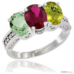 14K White Gold Natural Green Amethyst, Ruby & Lemon Quartz Ring 3-Stone 7x5 mm Oval Diamond Accent