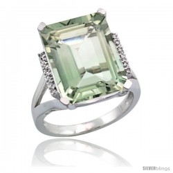 14k White Gold Diamond Green-Amethyst Ring 12 ct Emerald Cut 16x12 stone 3/4 in wide