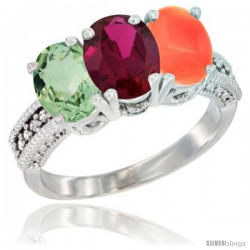 14K White Gold Natural Green Amethyst, Ruby & Coral Ring 3-Stone 7x5 mm Oval Diamond Accent