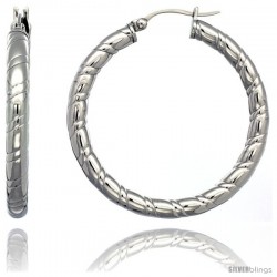 Surgical Steel 1 1/2 in Hoop Earrings Candy Stripe Embossed Pattern 4 mm tube, feather weigh