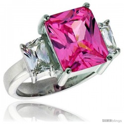 Sterling Silver 4.0 Carat Size Emerald Cut Pink Tourmaline CZ Bridal Ring