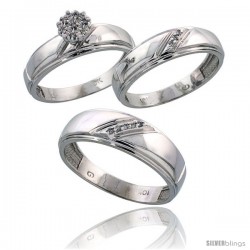 10k White Gold Diamond Trio Engagement Wedding Ring 3-piece Set for Him & Her 7 mm & 5.5 mm wide 0.09 cttw Brilliant Cut