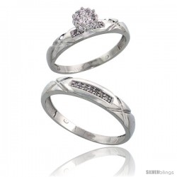 10k White Gold Diamond Engagement Rings 2-Piece Set for Men and Women 0.10 cttw Brilliant Cut, 4 mm & 3.5 mm wide