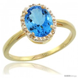 10k Yellow Gold Blue Topaz Diamond Halo Ring 1.17 Carat 8X6 mm Oval Shape, 1/2 in wide