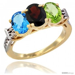 10K Yellow Gold Natural Swiss Blue Topaz, Garnet & Peridot Ring 3-Stone Oval 7x5 mm Diamond Accent