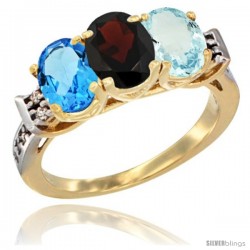 10K Yellow Gold Natural Swiss Blue Topaz, Garnet & Aquamarine Ring 3-Stone Oval 7x5 mm Diamond Accent