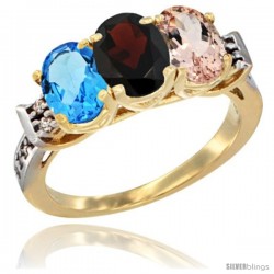 10K Yellow Gold Natural Swiss Blue Topaz, Garnet & Morganite Ring 3-Stone Oval 7x5 mm Diamond Accent