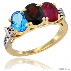 10K Yellow Gold Natural Swiss Blue Topaz, Garnet & Ruby Ring 3-Stone Oval 7x5 mm Diamond Accent