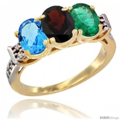 10K Yellow Gold Natural Swiss Blue Topaz, Garnet & Emerald Ring 3-Stone Oval 7x5 mm Diamond Accent