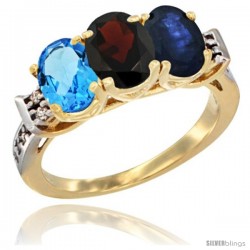 10K Yellow Gold Natural Swiss Blue Topaz, Garnet & Blue Sapphire Ring 3-Stone Oval 7x5 mm Diamond Accent