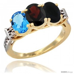 10K Yellow Gold Natural Swiss Blue Topaz, Garnet & Black Onyx Ring 3-Stone Oval 7x5 mm Diamond Accent