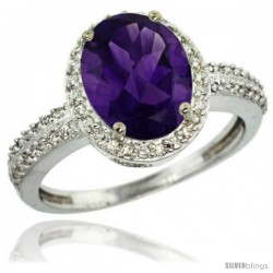 Sterling Silver Diamond Natural Amethyst Ring Oval Stone 10x8 mm 2.4 ct 1/2 in wide