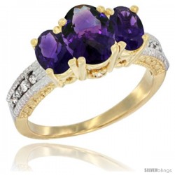 14k Yellow Gold Ladies Oval Natural Amethyst 3-Stone Ring Diamond Accent