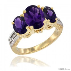 14K Yellow Gold Ladies 3-Stone Oval Natural Amethyst Ring Diamond Accent