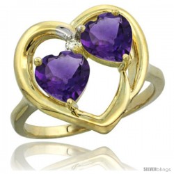 14k Yellow Gold 2-Stone Heart Ring 6 mm Natural Amethyst Stones Diamond Accent