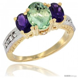 14k Yellow Gold Ladies Oval Natural Green Amethyst 3-Stone Ring with Amethyst Sides Diamond Accent