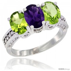 14K White Gold Natural Amethyst & Peridot Sides Ring 3-Stone 7x5 mm Oval Diamond Accent