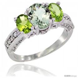 14k White Gold Ladies Oval Natural Green Amethyst 3-Stone Ring with Peridot Sides Diamond Accent