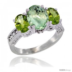 14K White Gold Ladies 3-Stone Oval Natural Green Amethyst Ring with Peridot Sides Diamond Accent