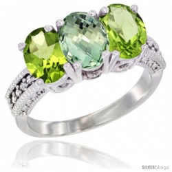 14K White Gold Natural Green Amethyst & Peridot Sides Ring 3-Stone 7x5 mm Oval Diamond Accent