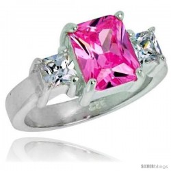 Sterling Silver 2.5 Carat Size Emerald Cut Pink Tourmaline CZ Bridal Ring