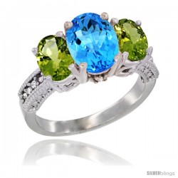 14K White Gold Ladies 3-Stone Oval Natural Swiss Blue Topaz Ring with Peridot Sides Diamond Accent