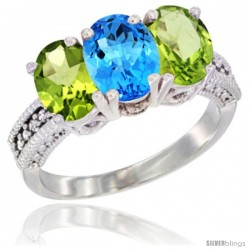 14K White Gold Natural Swiss Blue Topaz & Peridot Sides Ring 3-Stone 7x5 mm Oval Diamond Accent