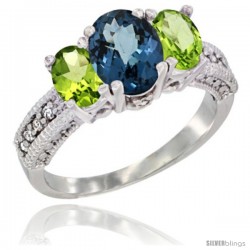 14k White Gold Ladies Oval Natural London Blue Topaz 3-Stone Ring with Peridot Sides Diamond Accent